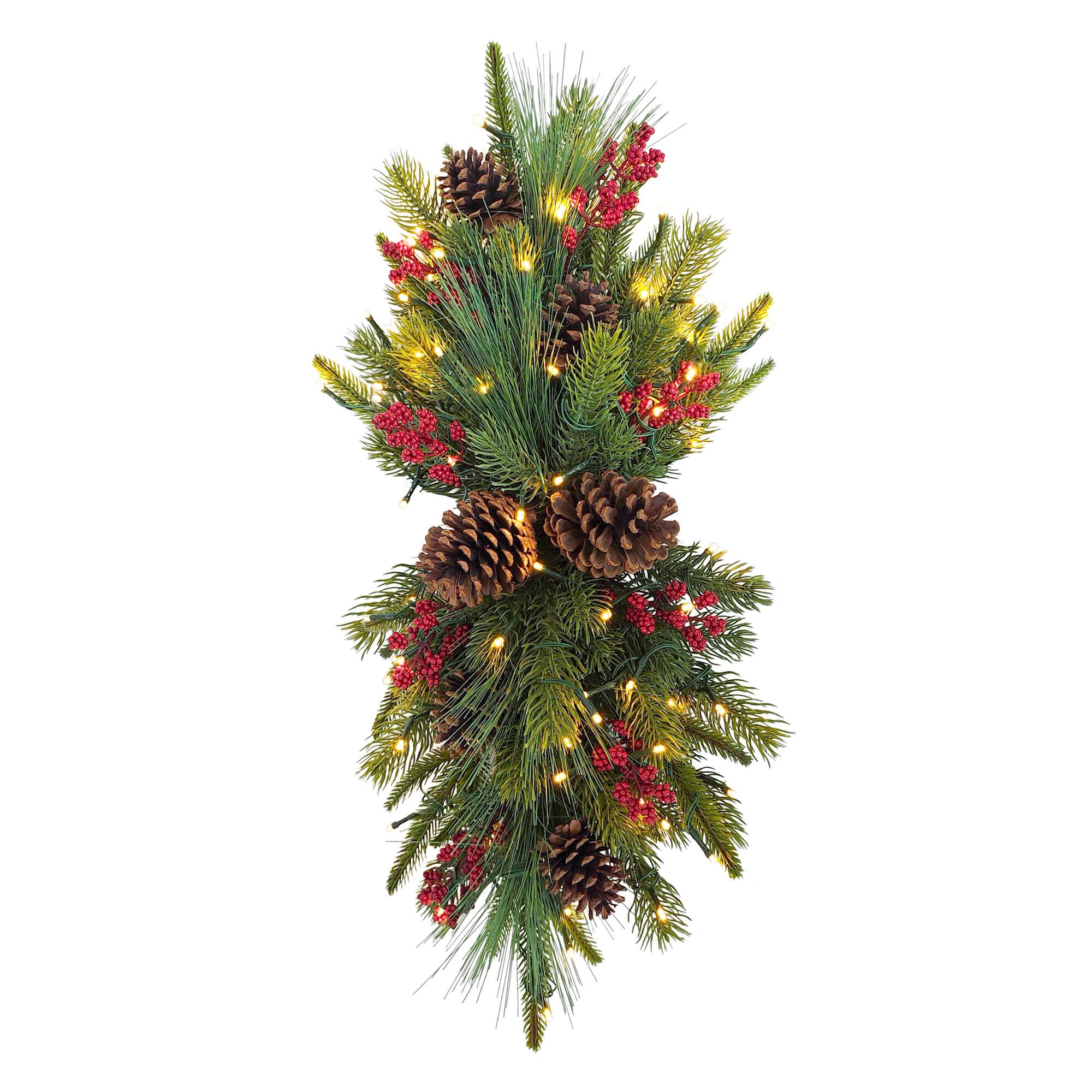 28" Pre-Lit Green Adorned Artificial Banister Swag with Pinecones & Berries